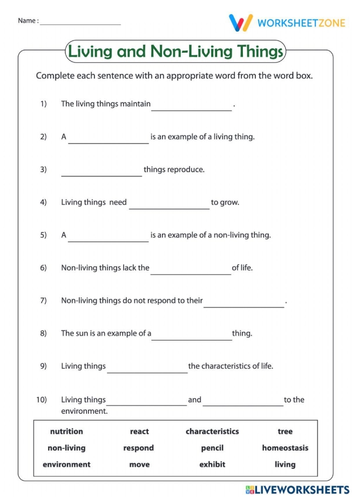 Pre-K Living and Non-Living Things worksheet featuring plants and animals for early phonics learning