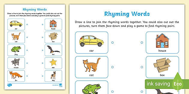 Early literacy activity in German focusing on rhyming words for young learners, worksheet 24 Pre-K German worksheet where children match rhyming word pairs to practice phonics