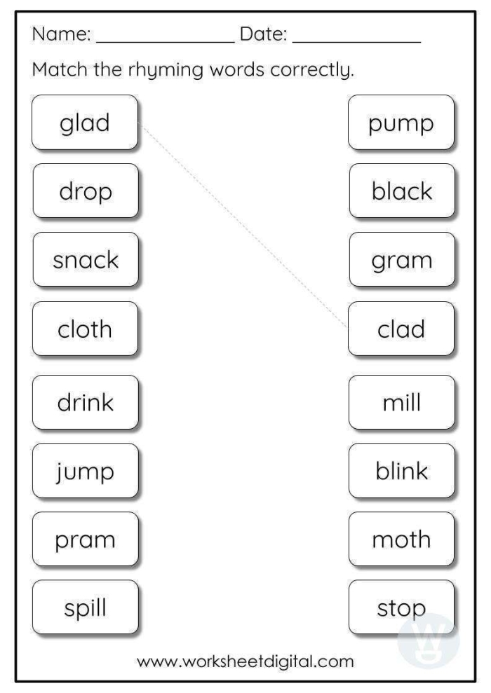 German Rhyming Word Pairs activity for early literacy skills, worksheet number 4 Pre-K children matching rhyming word pairs on a German phonics worksheet