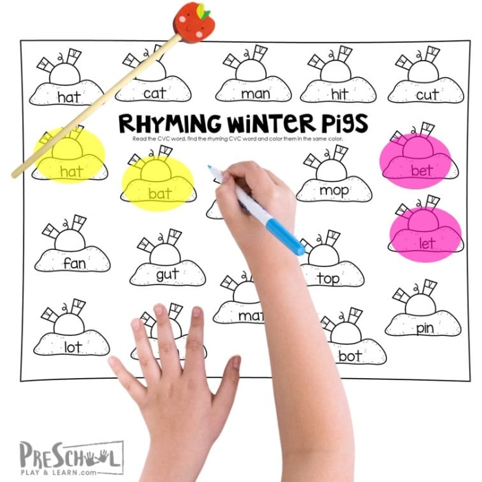 Early literacy activity with rhyming pairs for young German learners, image 13 Pre-K students matching rhyming words on a German phonics worksheet