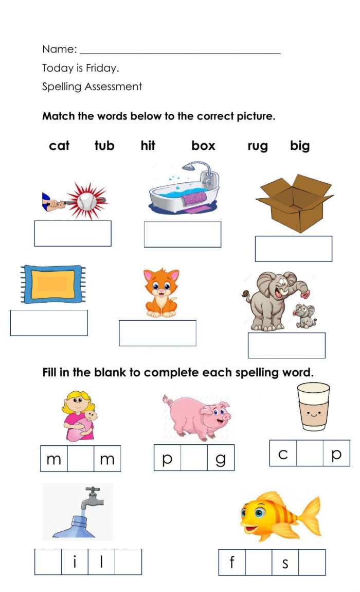 Pre-K student completing a starting spelling assessment worksheet to evaluate early phonics skills