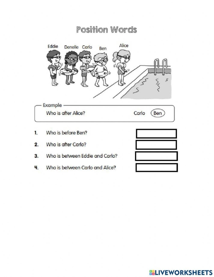 Pre-K students practicing position words on a colorful worksheet