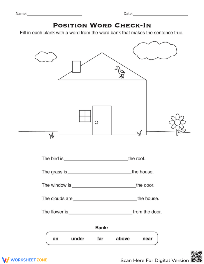 Pre-K students practicing position words on a colorful worksheet
