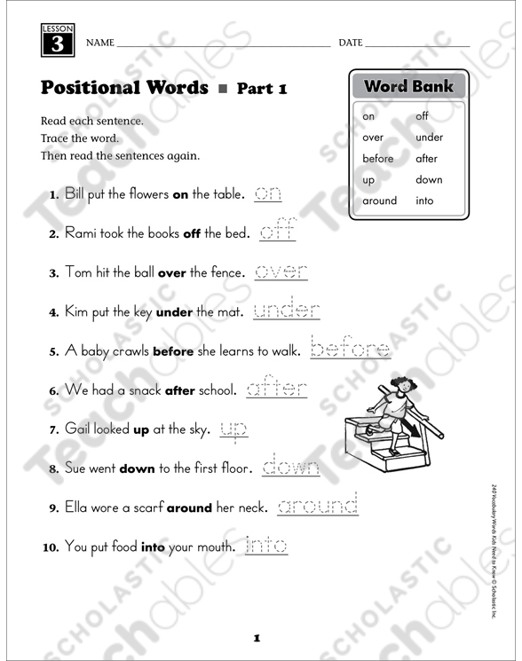 Pre-K students practicing position words with the Position Word Check-In worksheet