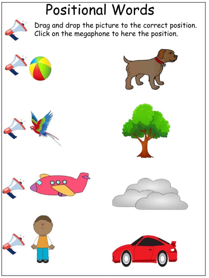 Pre-K students practicing position words with a check-in worksheet