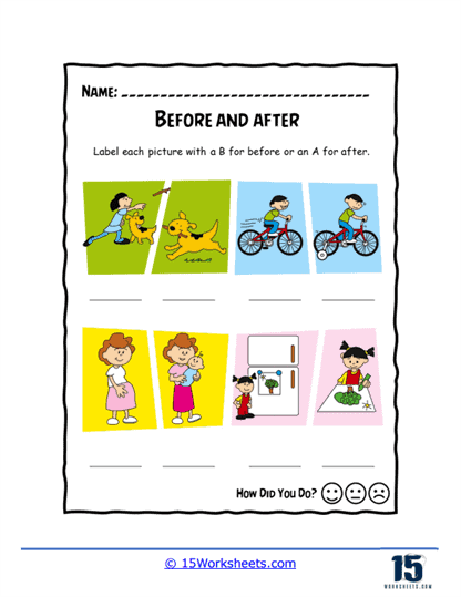 Pre-K students practicing position words on a colorful worksheet