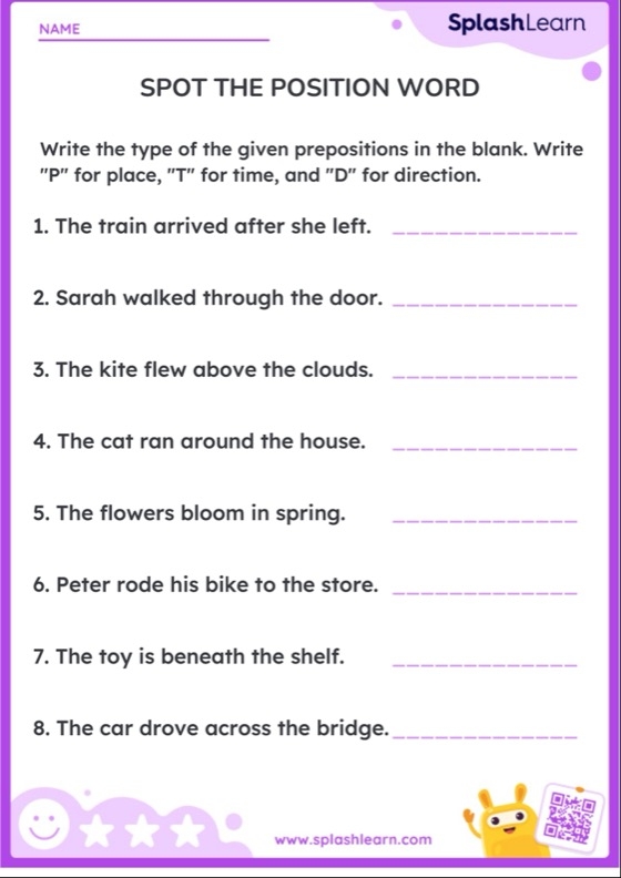 Pre-K students practicing position words on a colorful worksheet