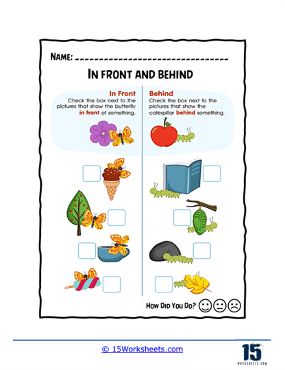 Pre-K students practicing position words on a colorful worksheet