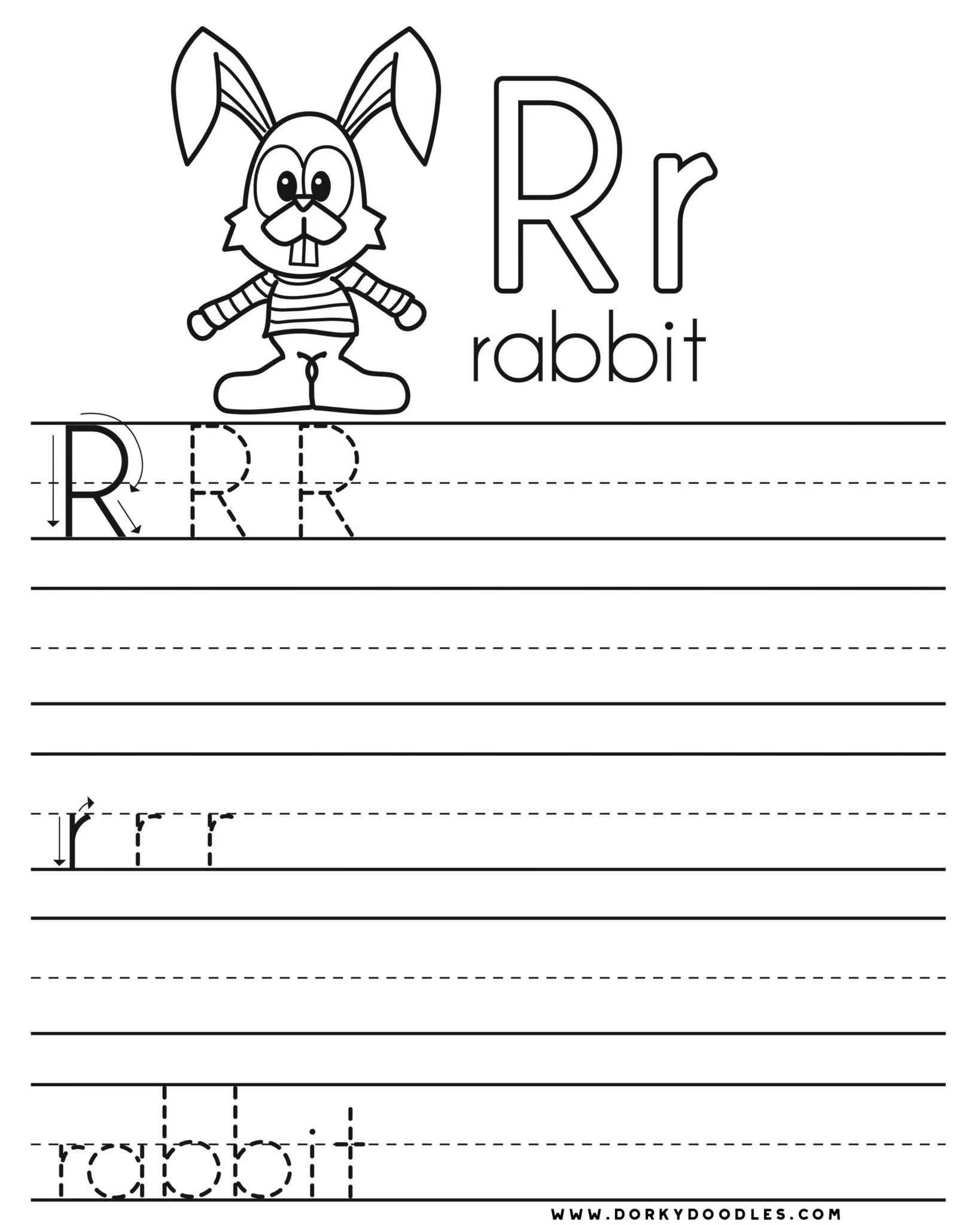 Prekindergarten worksheet showing tracing lines and the letter R to build fine motor skills