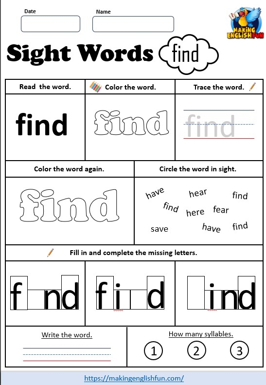 Sight Word Find activity sheet for early readers to improve word recognition and speed Pre-K student completing a Sight Word Find worksheet to practice reading skills