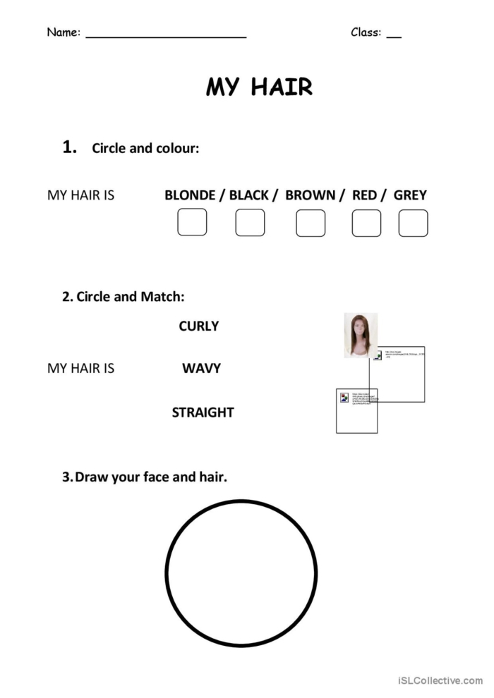 Child drawing their hairstyle on an All About My Hair worksheet with a mirror design