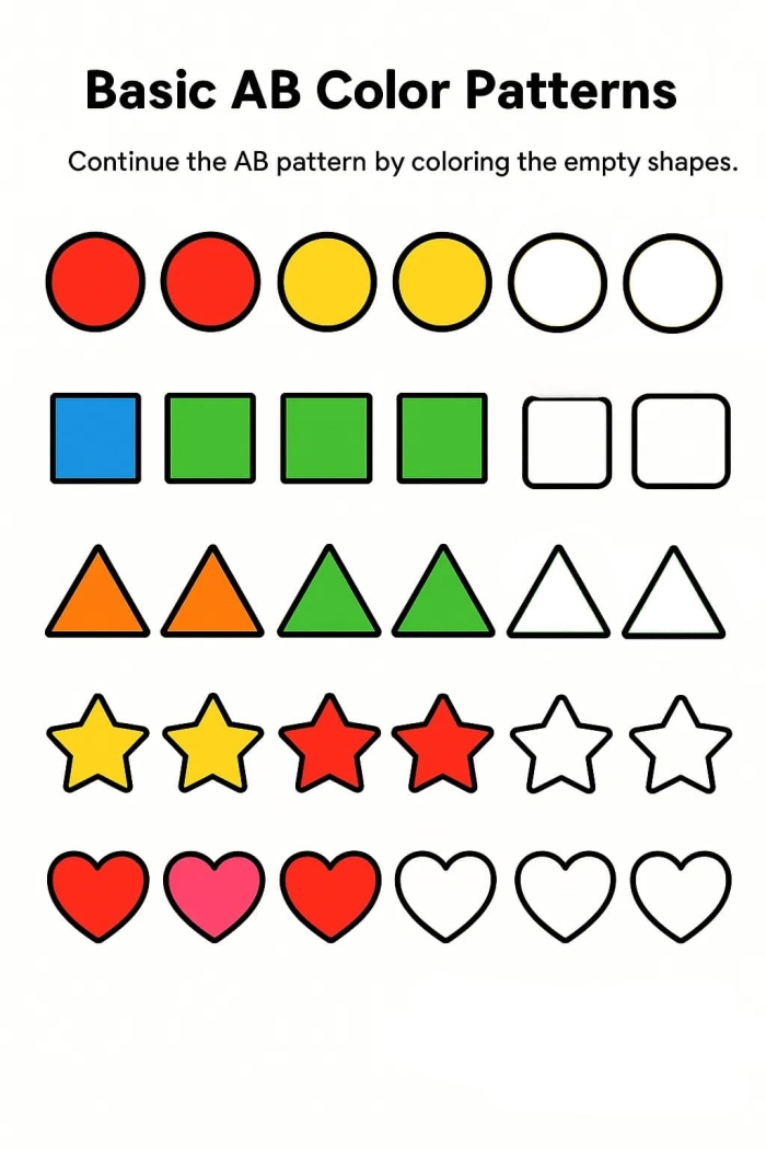 Creative color pattern activity for young learners in physical science class Pre-K students practicing color patterns using fun shapes on a worksheet