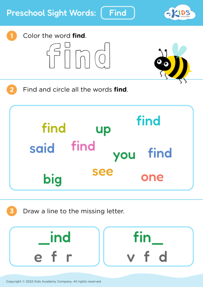 Exciting reading practice with Sight Word Find worksheet for young learners Pre-K Sight Word Find worksheet helping children recognize common words