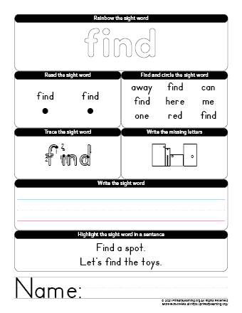 Sight Word Find worksheet for early readers practicing word recognition and speed improvement Pre-K students searching for sight words on a colorful worksheet to boost reading skills