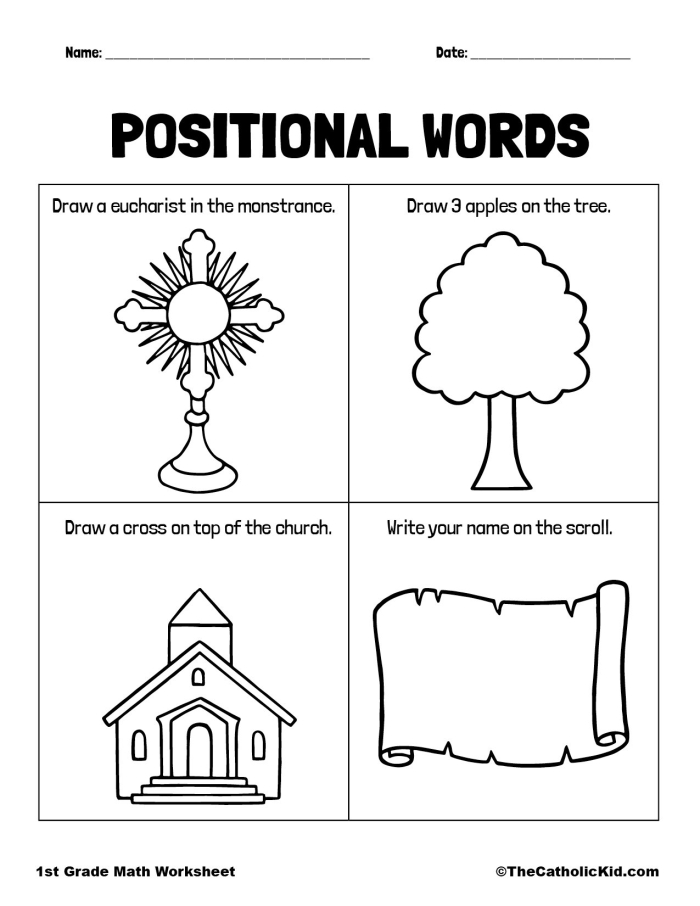 Pre-K geometry Position Word Check-In worksheet showing common spatial terms