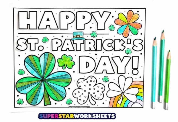 Preschool St. Patrick's Day coloring sheet featuring shamrocks and a leprechaun hat