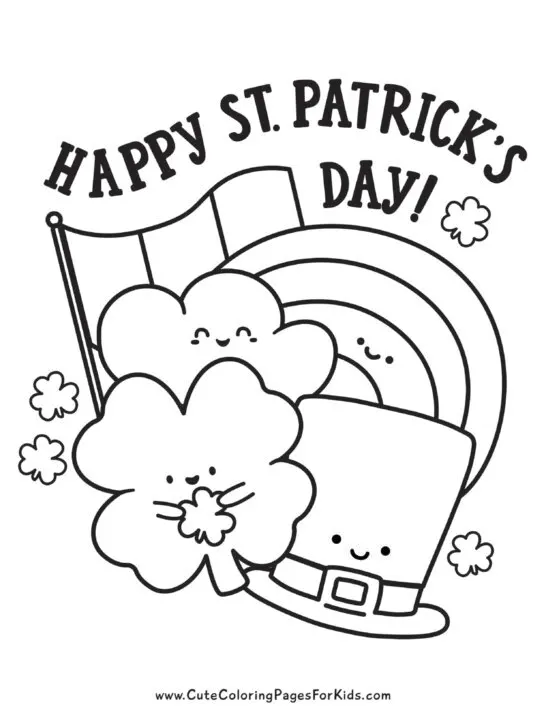 Preschool St. Patrick's Day coloring worksheet featuring shamrocks and a playful leprechaun