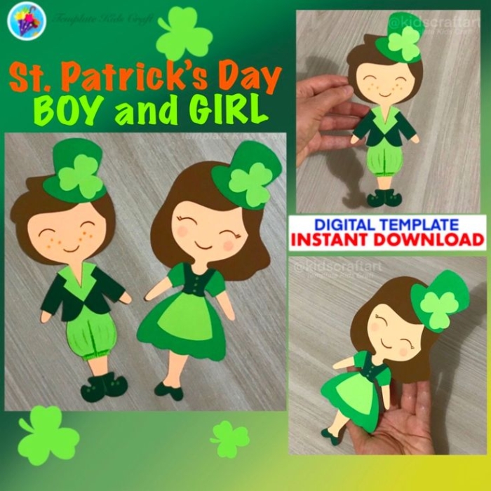 Pre-K St. Patrick's Day paper doll girl with colorful holiday clothes