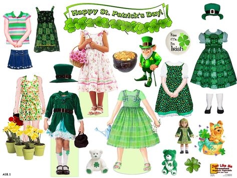 Pre-K St. Patrick's Day paper doll girl worksheet showing colorful clothing items