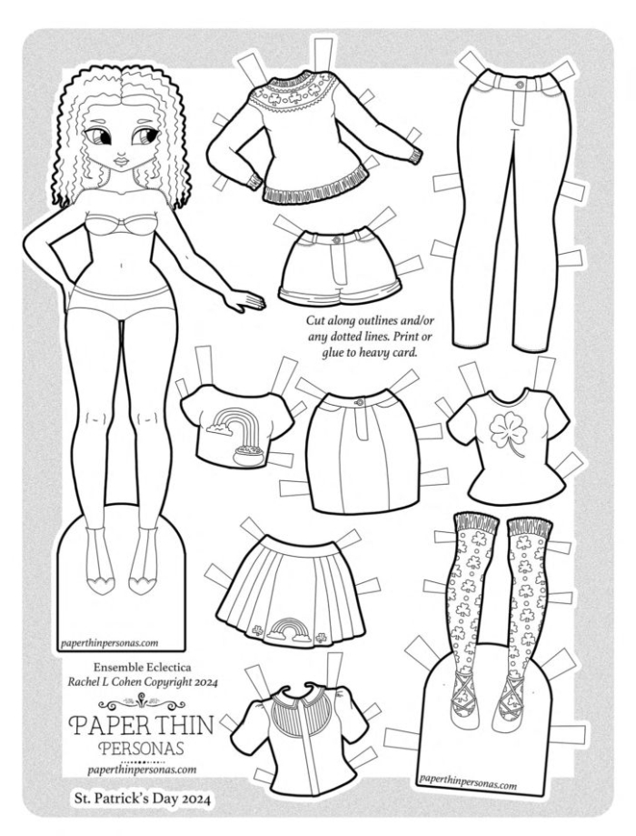 Pre-K St. Patrick's Day paper doll girl with colorful holiday clothes for learning