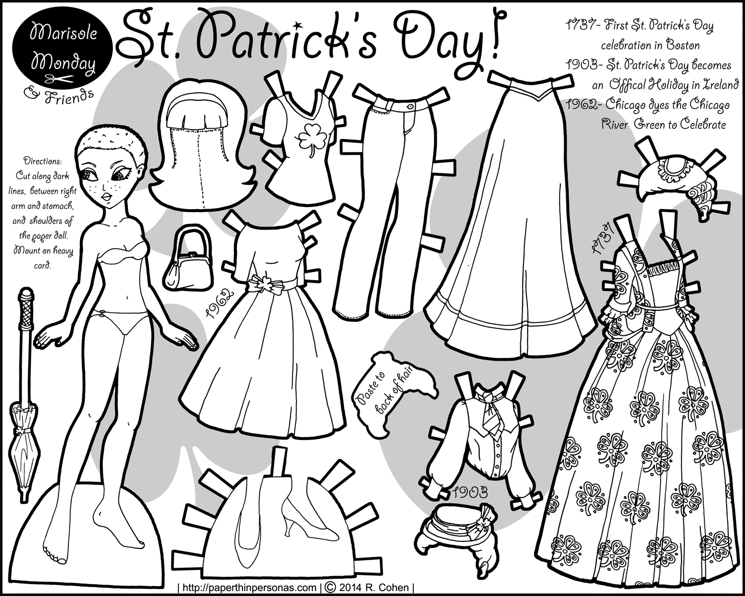 Pre-K St. Patrick's Day paper doll girl wearing festive green outfit for a fun grammar worksheet