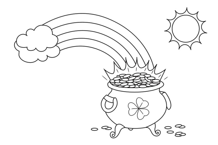 Preschool St. Patrick's Day coloring sheet featuring festive shamrocks and a pot of gold