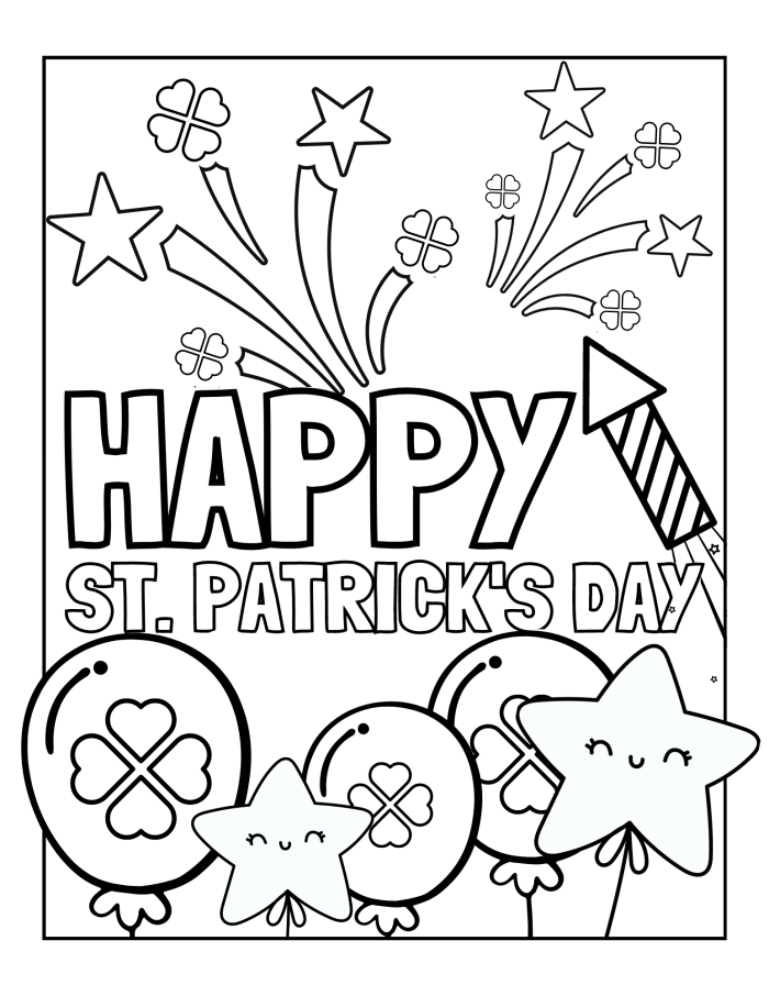 Preschool St. Patrick's Day coloring worksheet with fun clovers and cheerful designs
