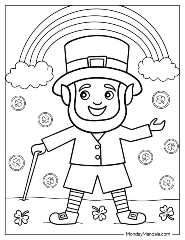 Preschool St. Patrick's Day coloring worksheet featuring a cheerful four-leaf clover and festive elements