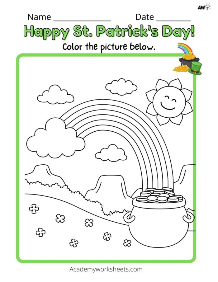 Preschool St. Patrick's Day coloring worksheet featuring shamrocks and a leprechaun
