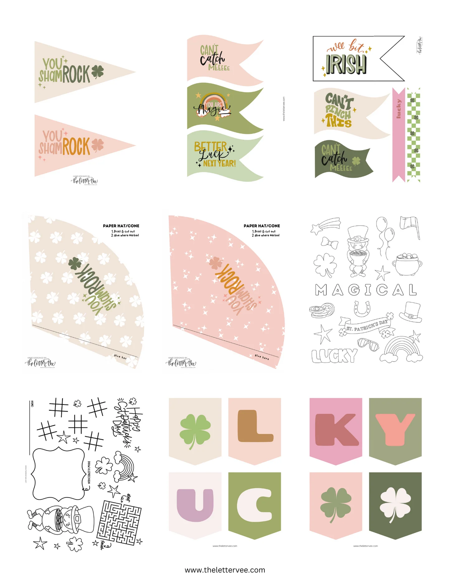 Pre-K St. Patrick's Day paper doll girl wearing festive green clothes for a grammar worksheet