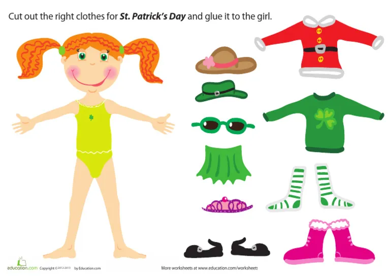 St. Patrick's Day paper doll girl worksheet with colorful clothing for Pre-K grammar practice