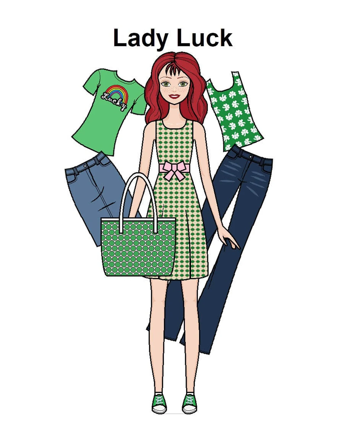 Pre-K St. Patrick's Day paper doll girl with colorful holiday clothes