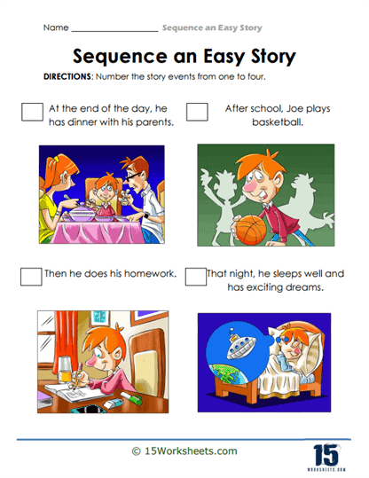 Tyler's Day story sequencing activity for early addition skills in Pre-K learners Story sequencing worksheet for Pre-K featuring Tyler's daily activities to enhance reading and creativity