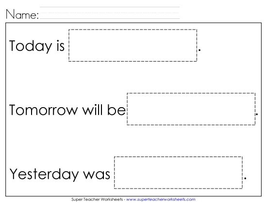 Pre-K worksheet for learning yesterday, today, and tomorrow with simple drawings