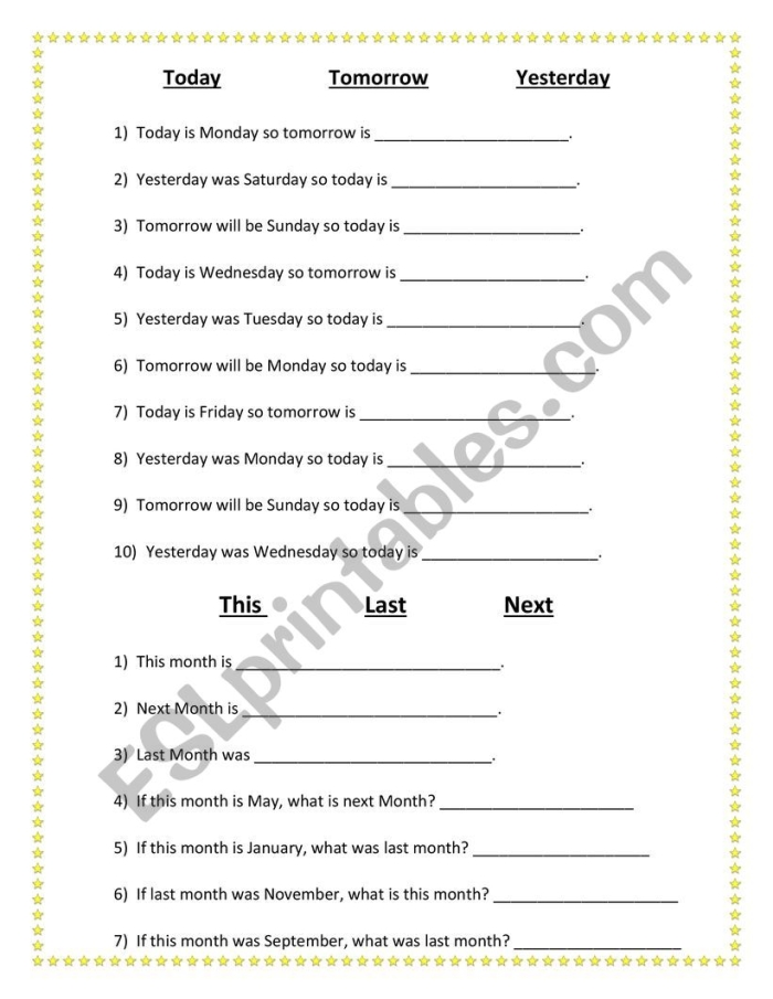 Preschool worksheet with drawings illustrating the concepts of yesterday, today, and tomorrow