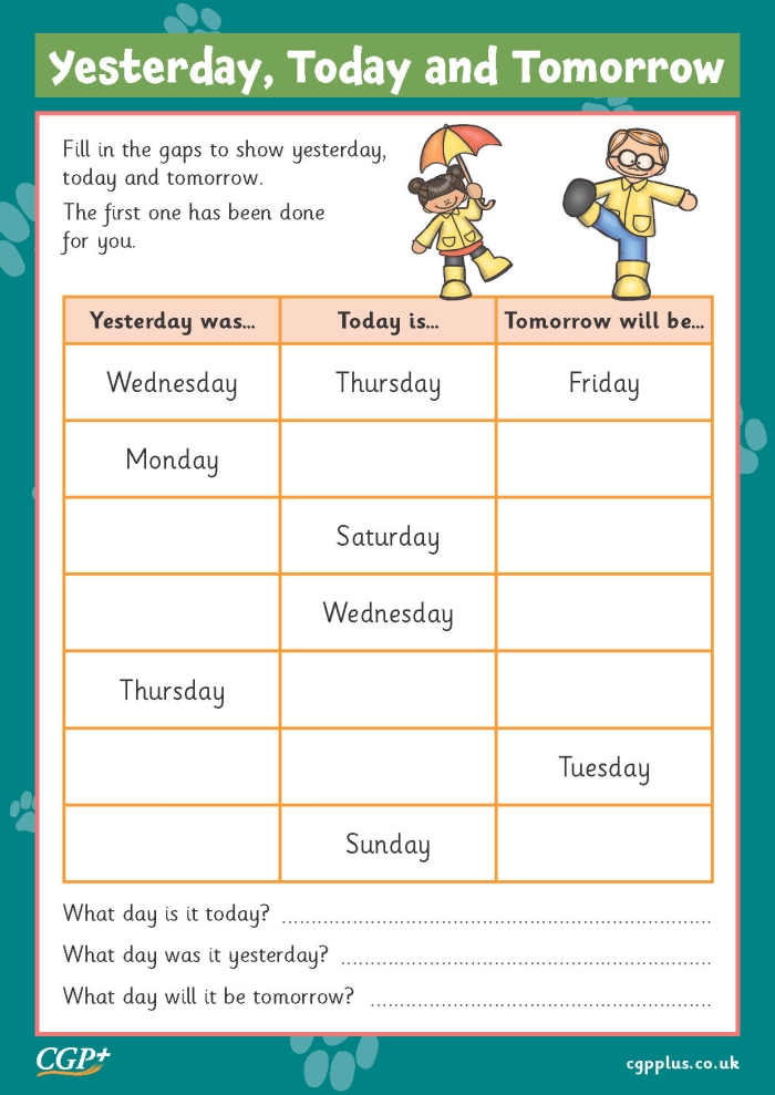 Preschool worksheet illustrating the concepts of yesterday, today, and tomorrow with simple drawings