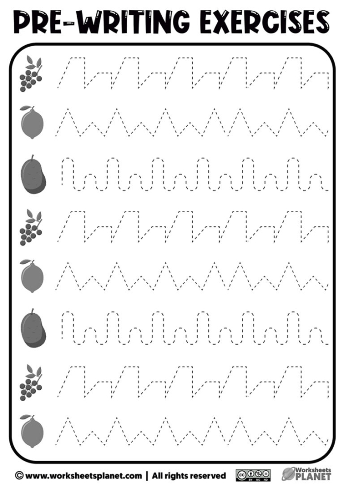 Vertical Lines tracing worksheet to build fine motor skills for early letter formation 12 Pre-K child practicing vertical line tracing on a prewriting skills worksheet for alphabet development