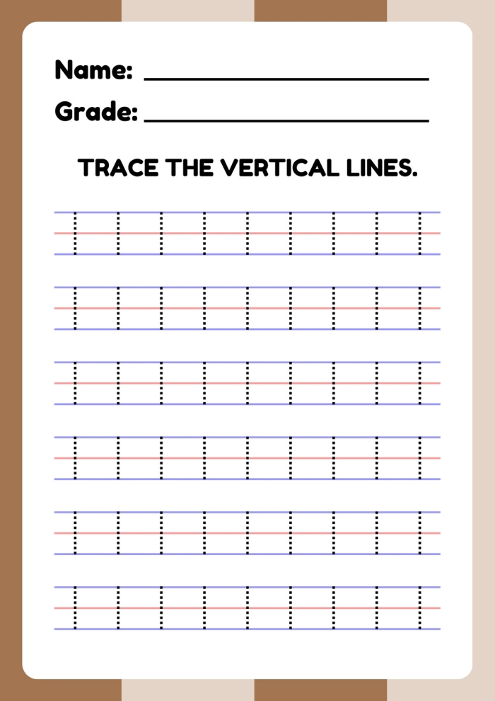 Vertical Lines tracing activity for strengthening prewriting skills in young learners Pre-K child tracing vertical lines on a prewriting skills worksheet to build letter formation abilities