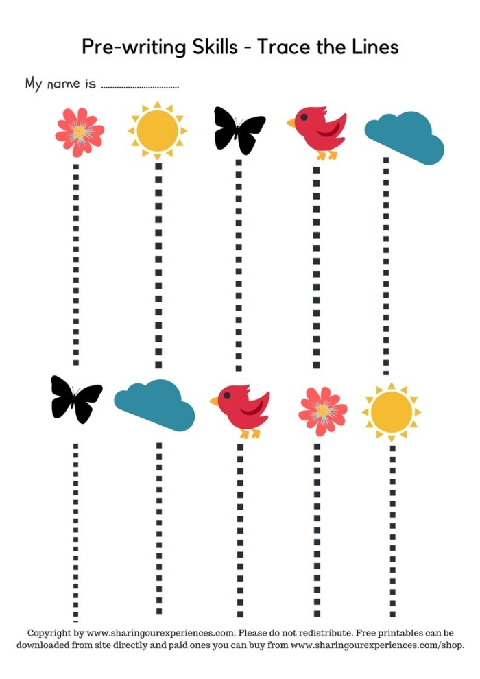 Vertical Lines tracing activity for fine motor skill development in preschoolers Pre-K child tracing vertical lines on a prewriting skills worksheet for letter formation