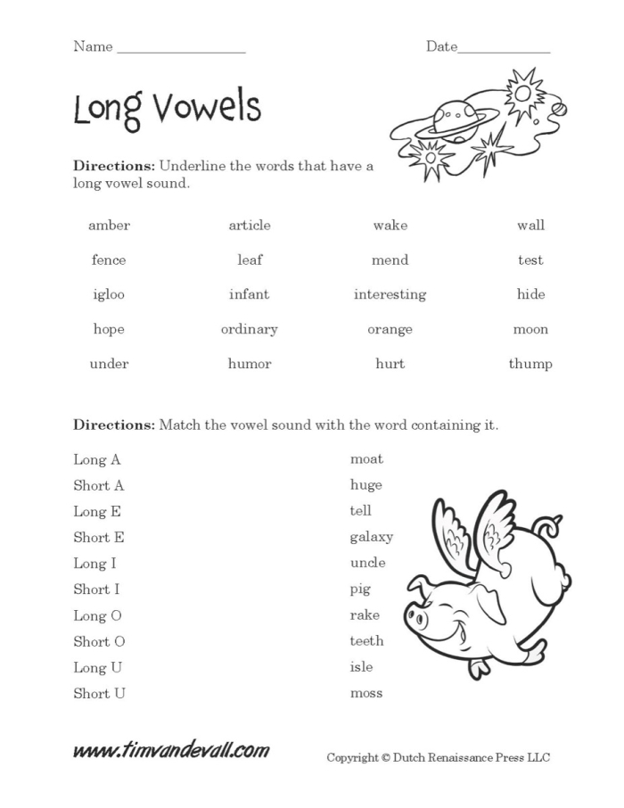 Preschool Long Vowel Hunt worksheet featuring fun vowel word search activities