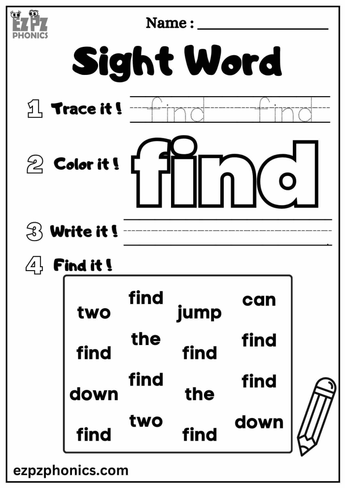 Engaging sight word find activity designed for early readers to improve word recognition skills Pre-K students searching for sight words on a colorful worksheet to boost reading skills