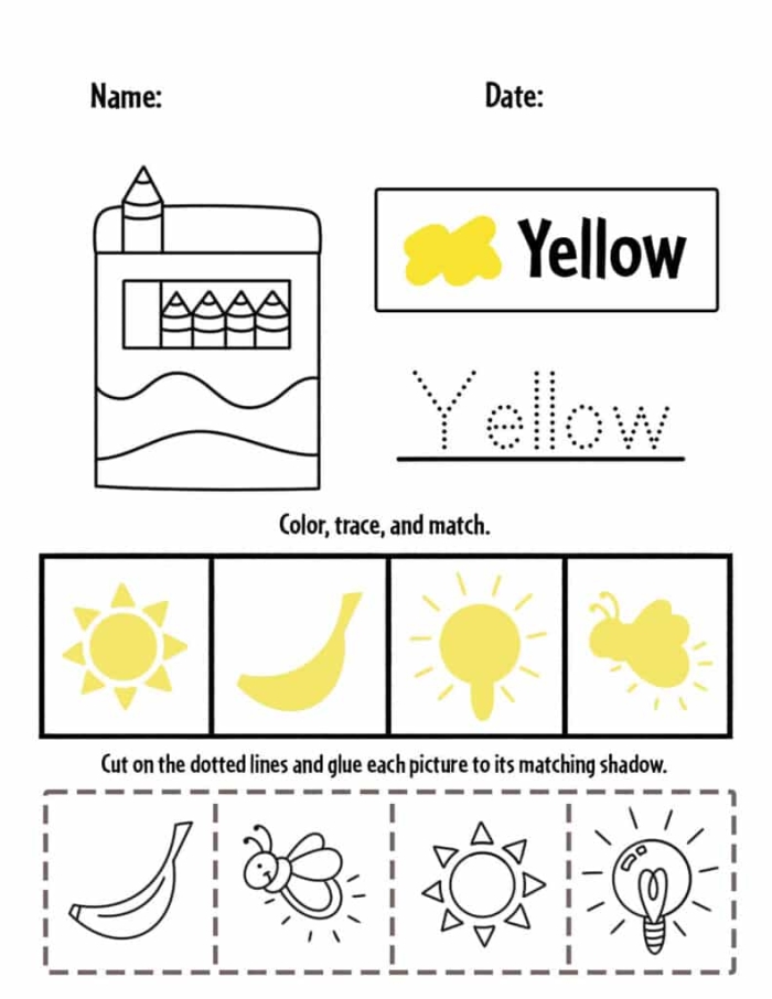 Engaging kids in writing, tracing, and coloring with the color yellow worksheet Preschool worksheet featuring activities focused on the color yellow for early learners