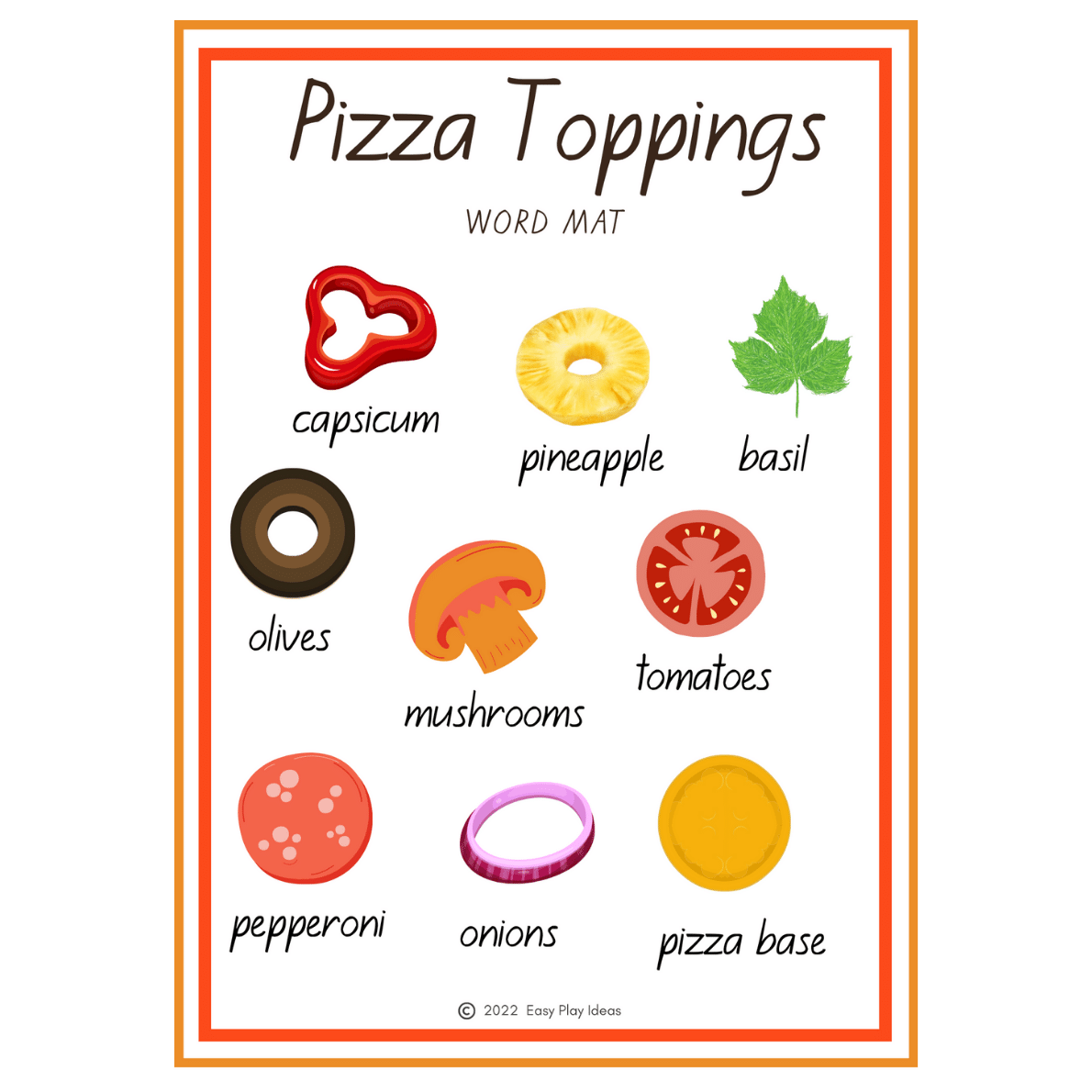 Preschool addition worksheet featuring pizza toppings to practice adding up to 10