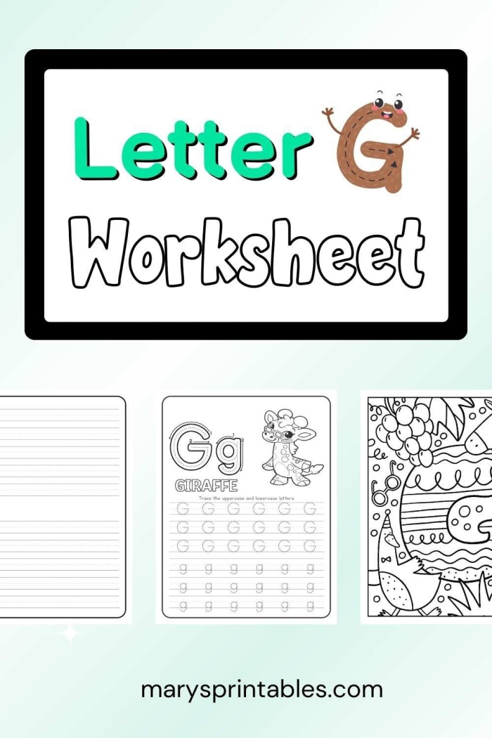 Preschool addition worksheet featuring the letter G with coloring activities