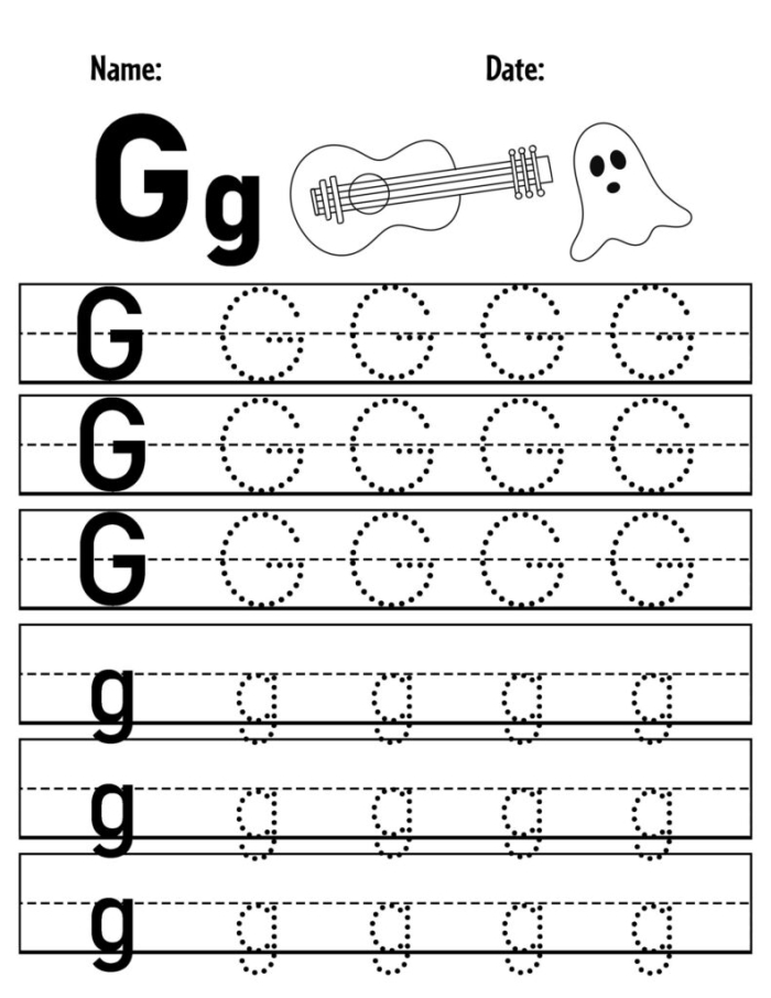 Preschool addition worksheet featuring the letter G with coloring activities for early learners