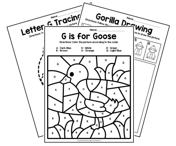 Preschool addition worksheet featuring the letter G with coloring activities