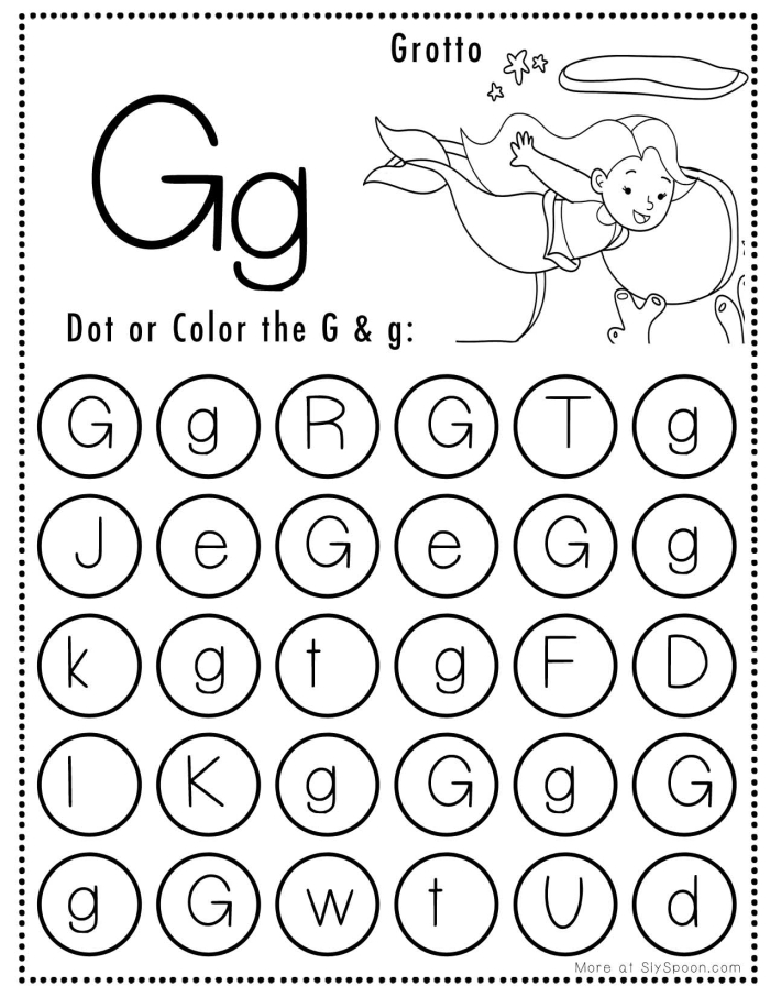 Preschooler coloring a letter G worksheet focused on addition and letter sounds