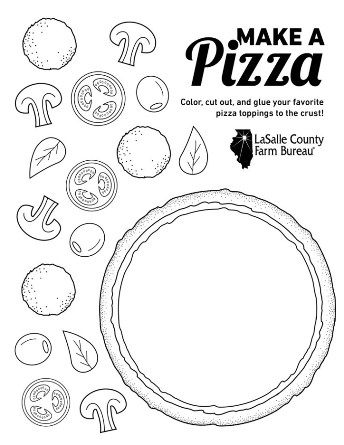 Preschool math worksheet showing pizza toppings to practice addition up to 10
