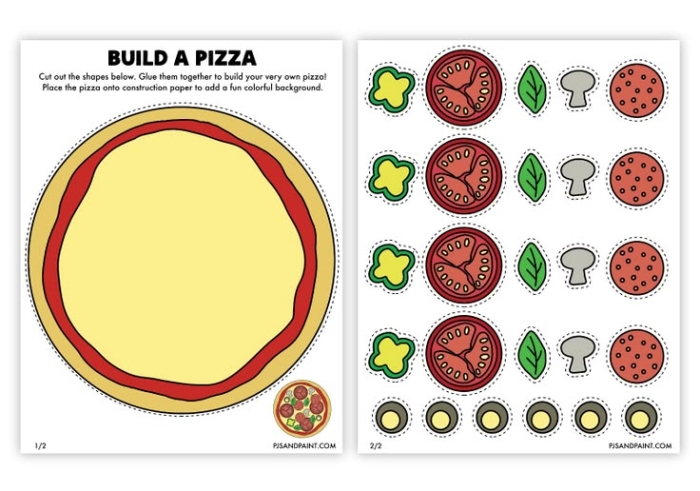 Preschool addition worksheet featuring pizza toppings to practice adding numbers up to 10