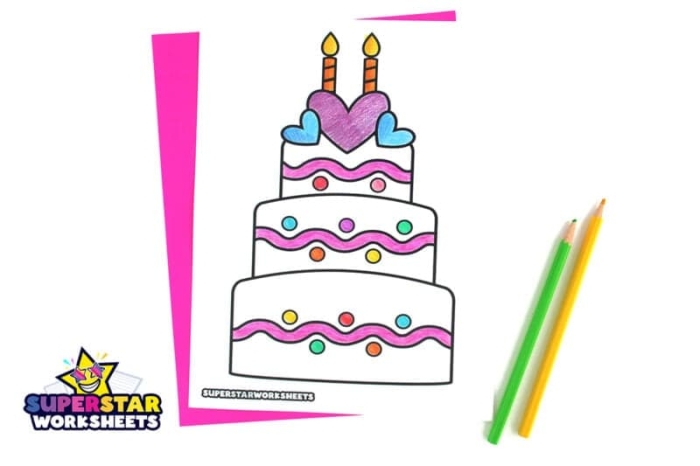 Birthday cake coloring page with candles, balloons, and a birthday greeting for Pre-K learners